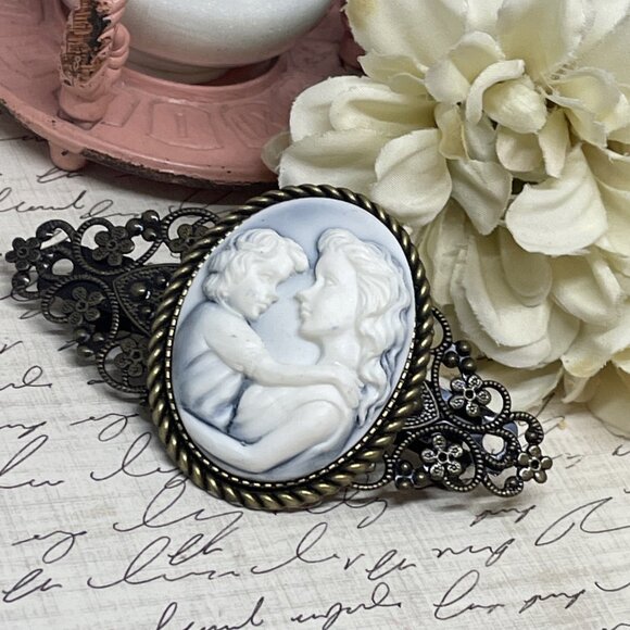 Blue White Mother Child Christmas Gift Mom New Cameo Pin Hair Clip Jewelry Comb - Picture 2 of 12